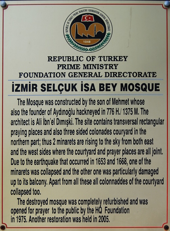 Hinweistafel mit Beschreibung der Moschee von Selcuk